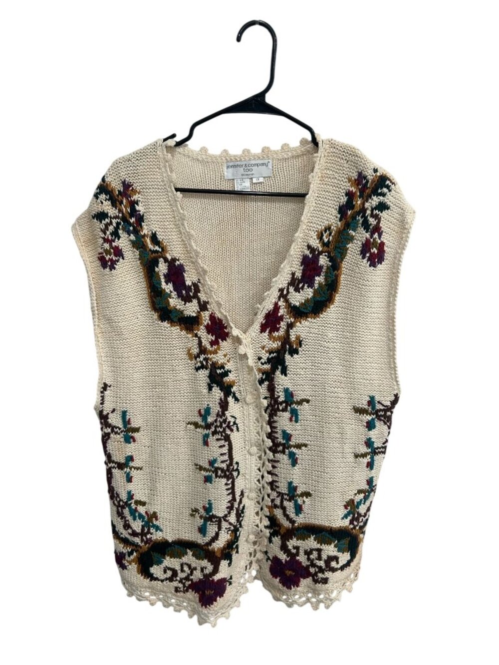 Jennifer & Company Too 1X Beige Floral Knit Sweater Vest Grandmacore Cottagecore